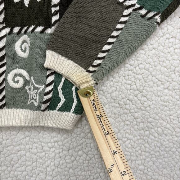 Vtg Knit Cardigan Sweater Sz M Green Check Cottage Grandma 90s Mixed Print - Picture 5 of 9